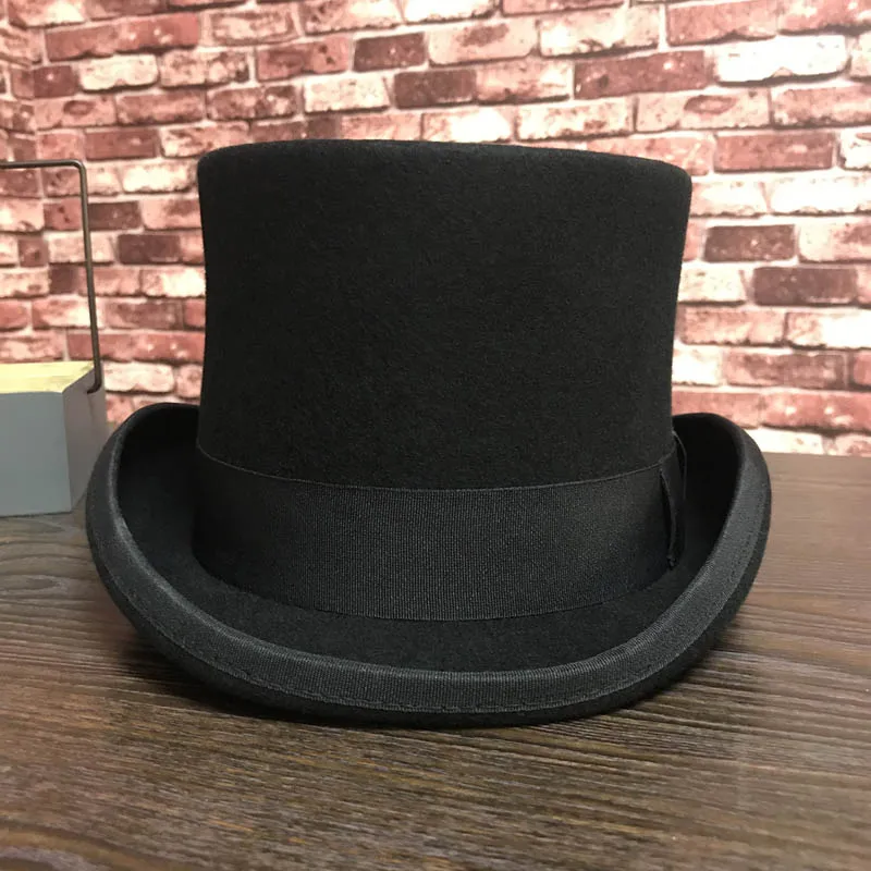 Black Men Woolen Fedora Hat Flat Mad Hatter Top Hat Traditional President Party Hat Steampunk Magic Hat with feather