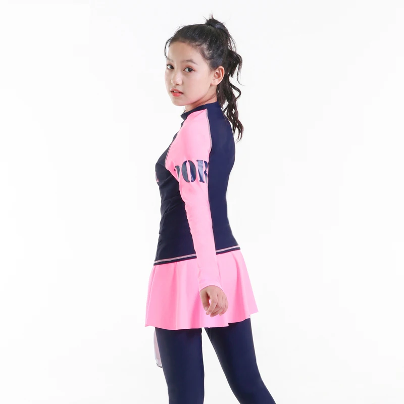 Teenager girl rashguard swimsuit long sleeve padded shirt pants with skirt chindren kids beach wear 10-16Y