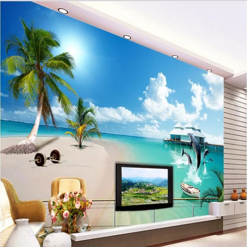 

wellyu Custom large fresco modern beach coconut trees Aegean Sea TV backdrop wallpaper papel de parede para quarto