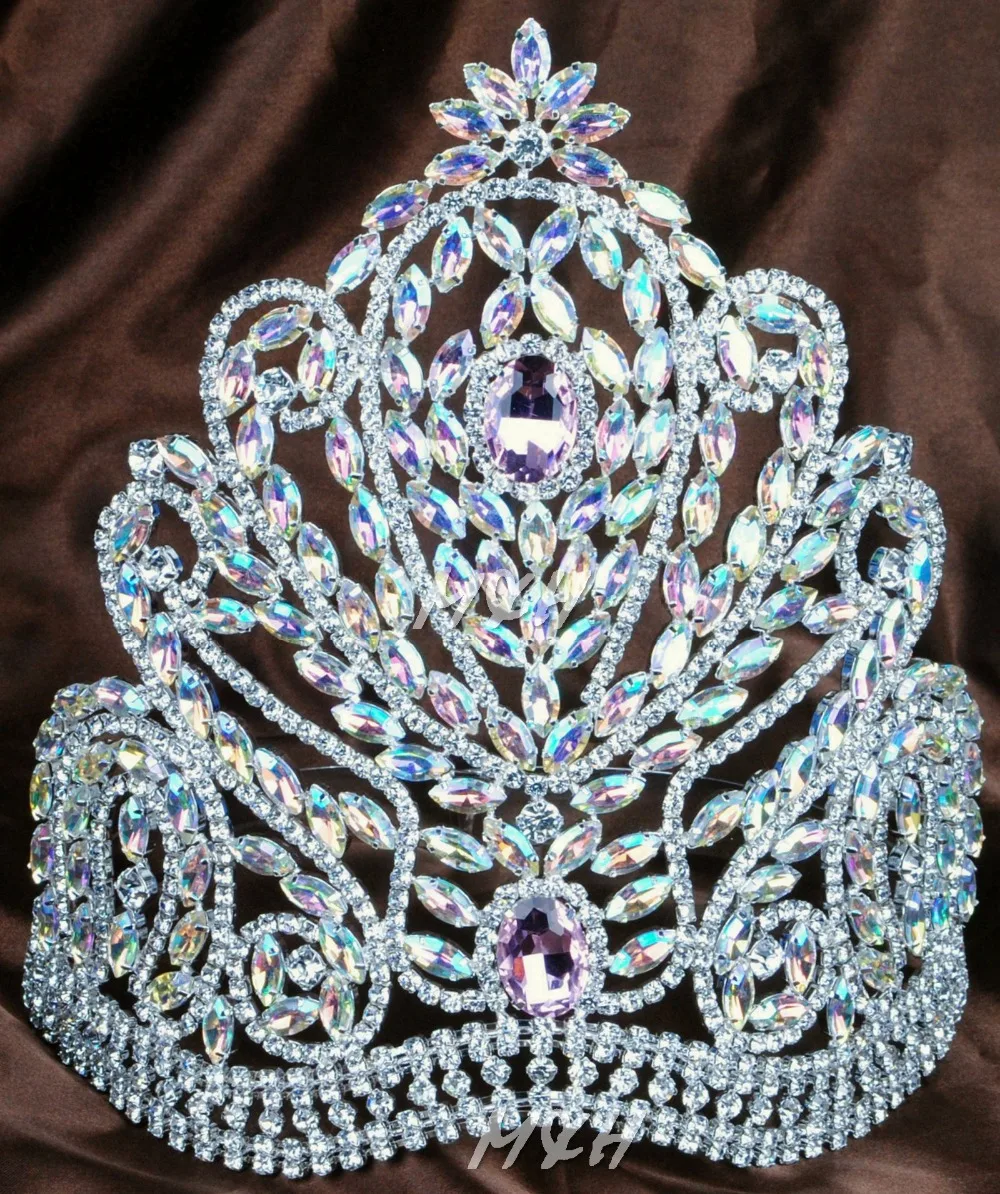 

Deluxe 9" Large Tiara Handmade Bridal Crown Pink&Clear Austrian Rhinestones Diamante Headpiece Beauty Pageant Party Costume