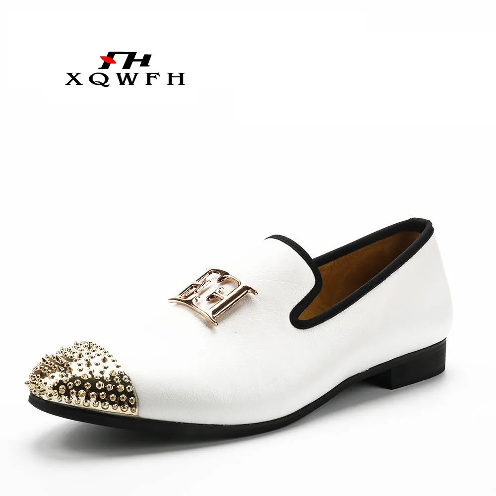 New White Color Men Leather Shoes Men\'s Loafers with Gold Toe and Metal Party Wedding Men Dress Shoes