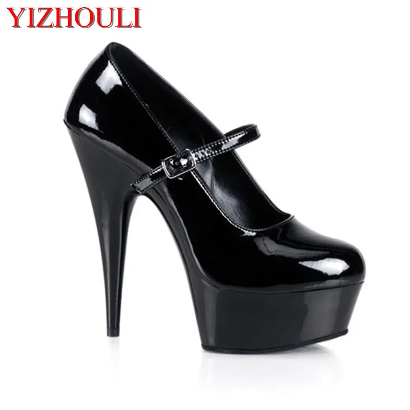 15CM Sexy Ultra High Heels Shoes Women's Pretty Single Shoes Red Patent Platform Mary-Jane Shoes With 5 3/4 Inch Stiletto Heel