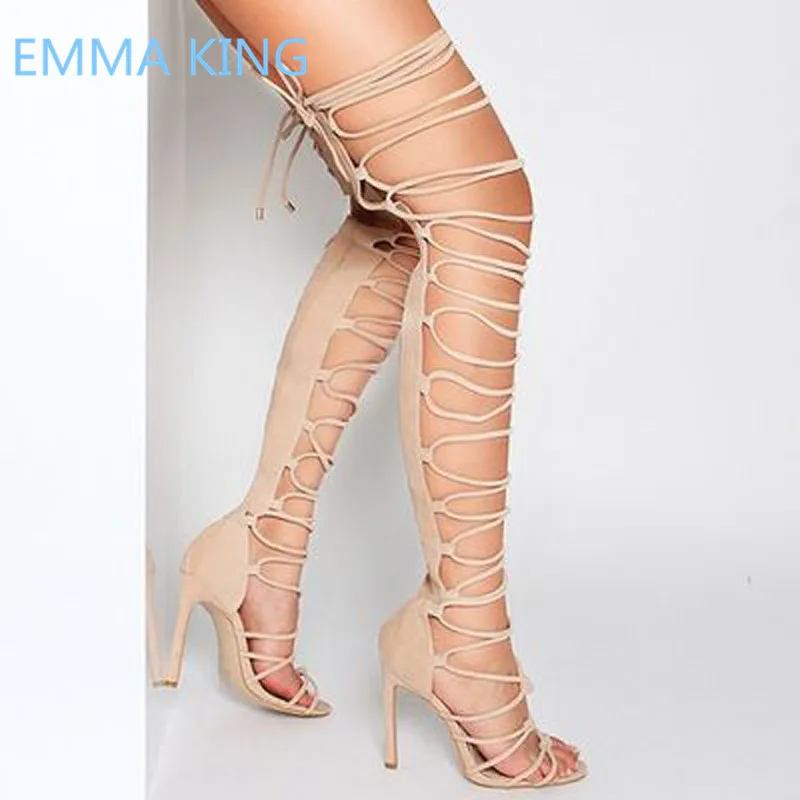 2019 New Women Summer Over The Knee Gladiator Sandals Boots Open Toe Cut-Out Sexy Stilettos High Heels Shoes Woman Roman Sandals