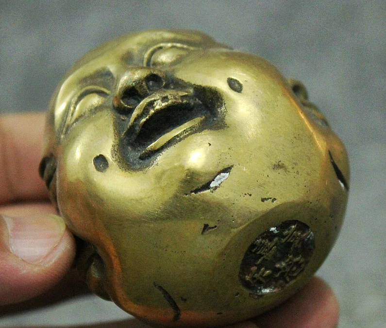 Folk China Chinese Brass Buddhism 4 Face Xi Nu Ai Le Maitreya Buddha Head Statue 8.4 cm