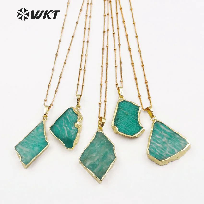 WT-N1136 WKT Wholesale natural stone necklace top quality free shape green stone pendant with gold metal chain women gift