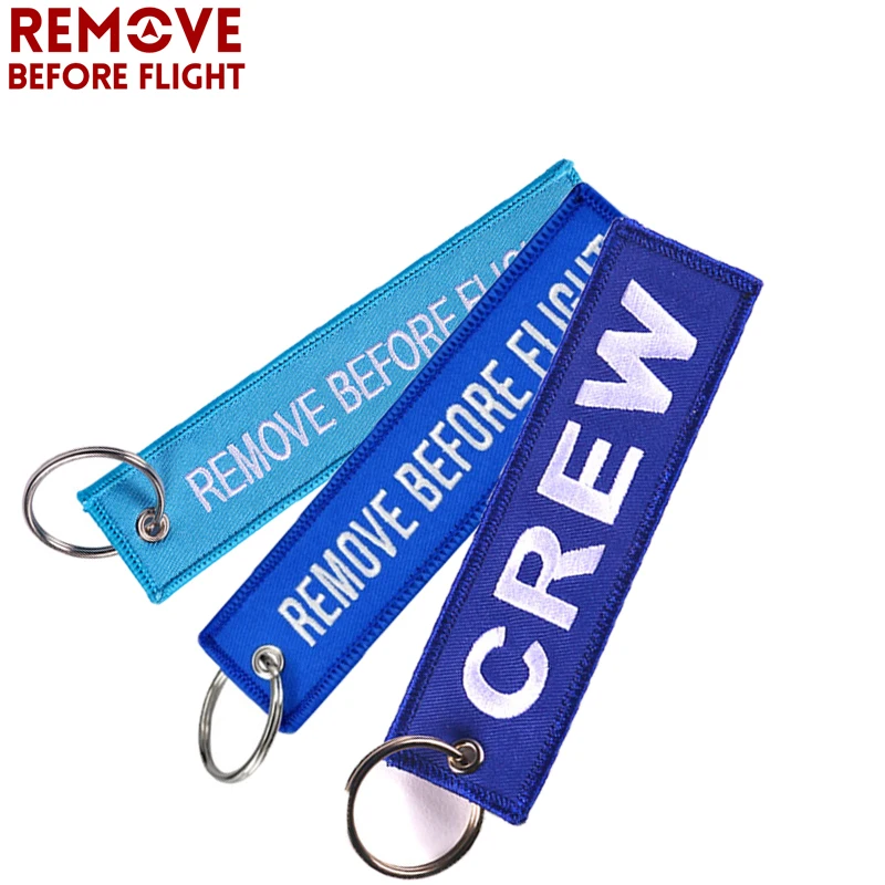 Remove Before Flight Blue Key Ring Chian Keychain Embroidery portachiavi CREW Tag for Aviator gift porte clef motards 3 PCS/LOT