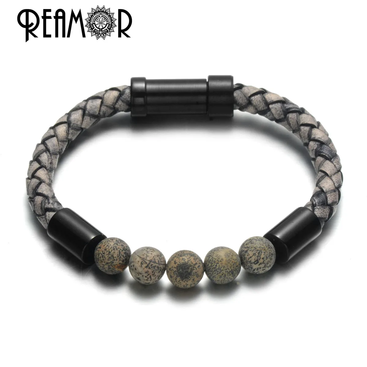 REAMOR Gray Series Landscape Natural Stone Beaded Stainless steel Bracelets Men's Genuine Leather Braided Handmade Bracelet