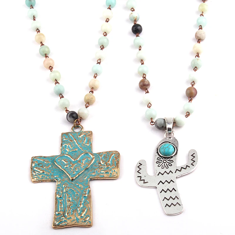 Fashion Bohemian Tribal Artisan Jewelry Amazonite Stones Bead with Moon Star, Cross, Cactus Charm Pendant Lady Necklace