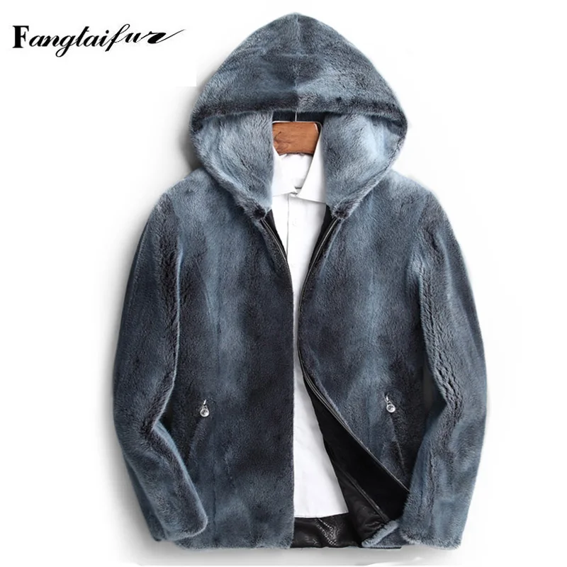 

Ftangaiur Winter Men Jacket Import Velvet Mink Fur Coat Pure Color With Hood Mink Coats Short Smart Causal Real Mink Fur Coats