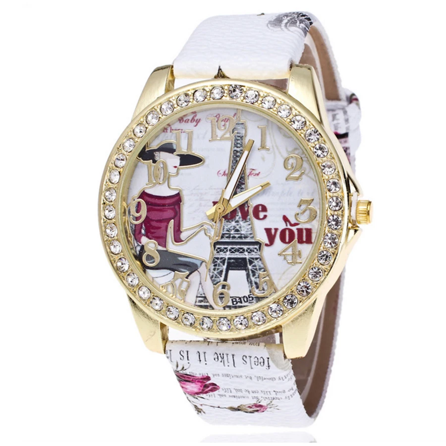 Shsby Brand Eiffel Tower Leather Strap WristWatches Ladies Rhinestone Quartz Watch Women dress Watches femme love Casual watch