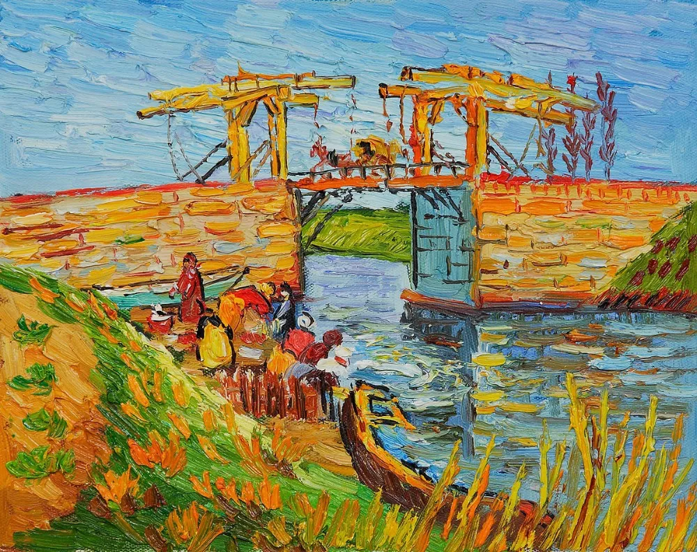 

Handpainted Landscape Oil Painting Copy Langlois Bridge at Arles with Women Washing by Vincent Van Gogh Impressionist Art