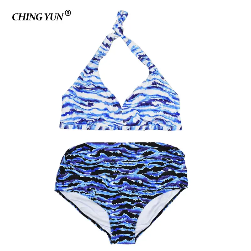 New Swimsuit Woman Swimwear Sexy Beach Beachwear Blue Stripes Halter Camouflage Bikinis Big Size High Waist Girls Loose Bathing