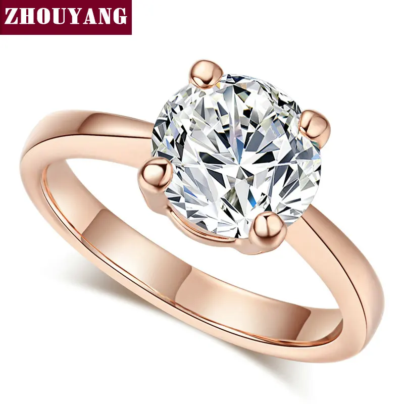 ZHOUYANG Wedding For Women Four Claw 8mm Cubic Zirconia Engagement Rose Gold Color Flashion Jewelry Girl Friend Gift R333 R335