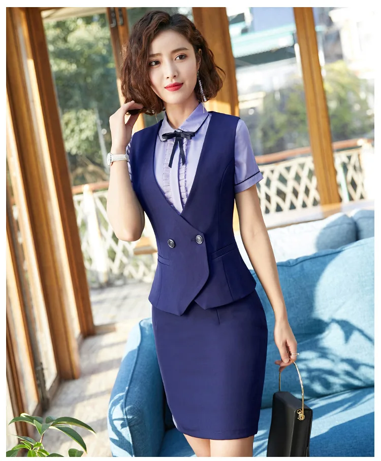 IZICFLY Spring Summer New Style Office Suits For Women Tops Vest Waistcoat Formal Skirt Set Work Wear Blue