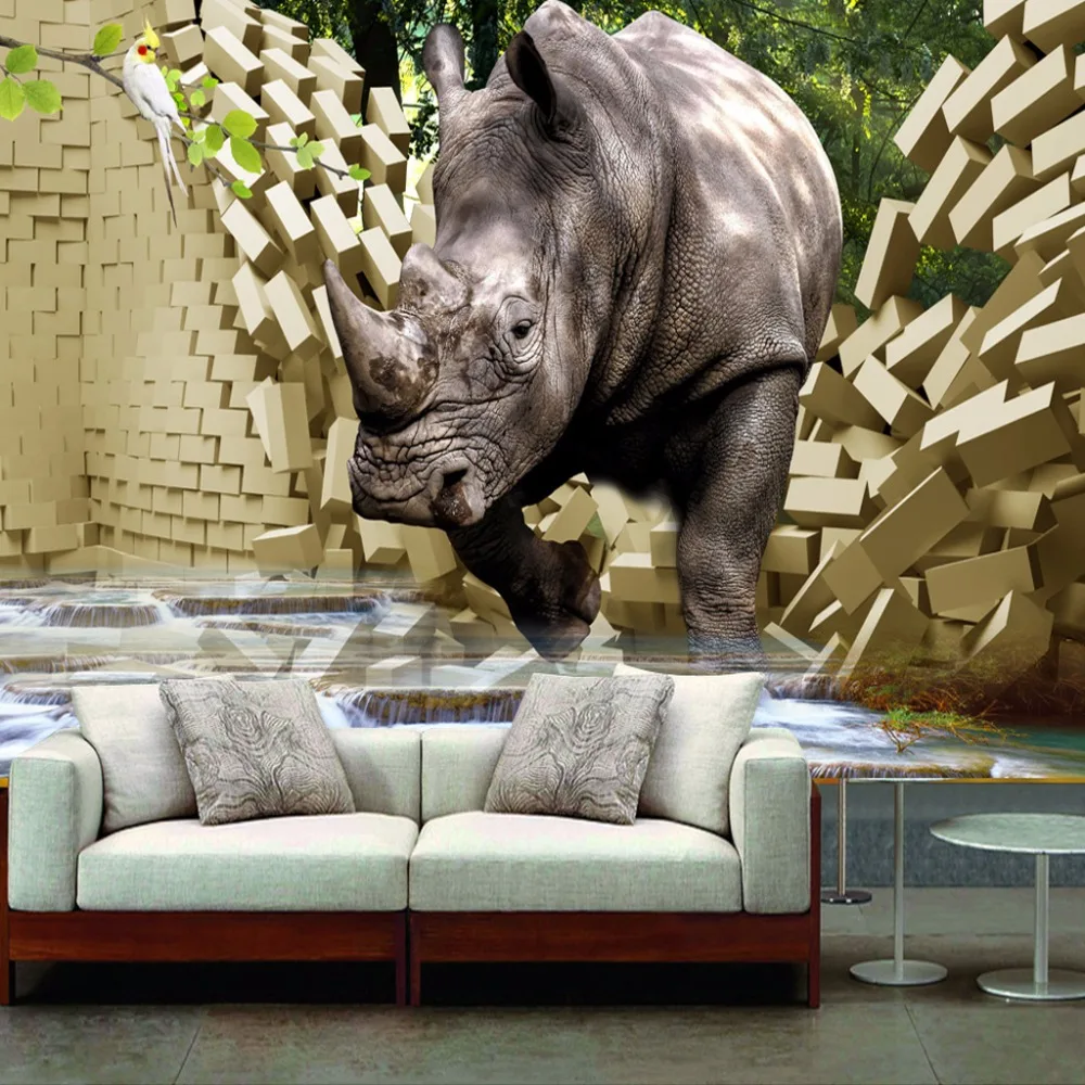 

beibehang Custom Large Mural Wall Paper 3D Stereo Rhino Broken Wall TV Background Photo Living Room Bedroom Non-woven Wallpaper