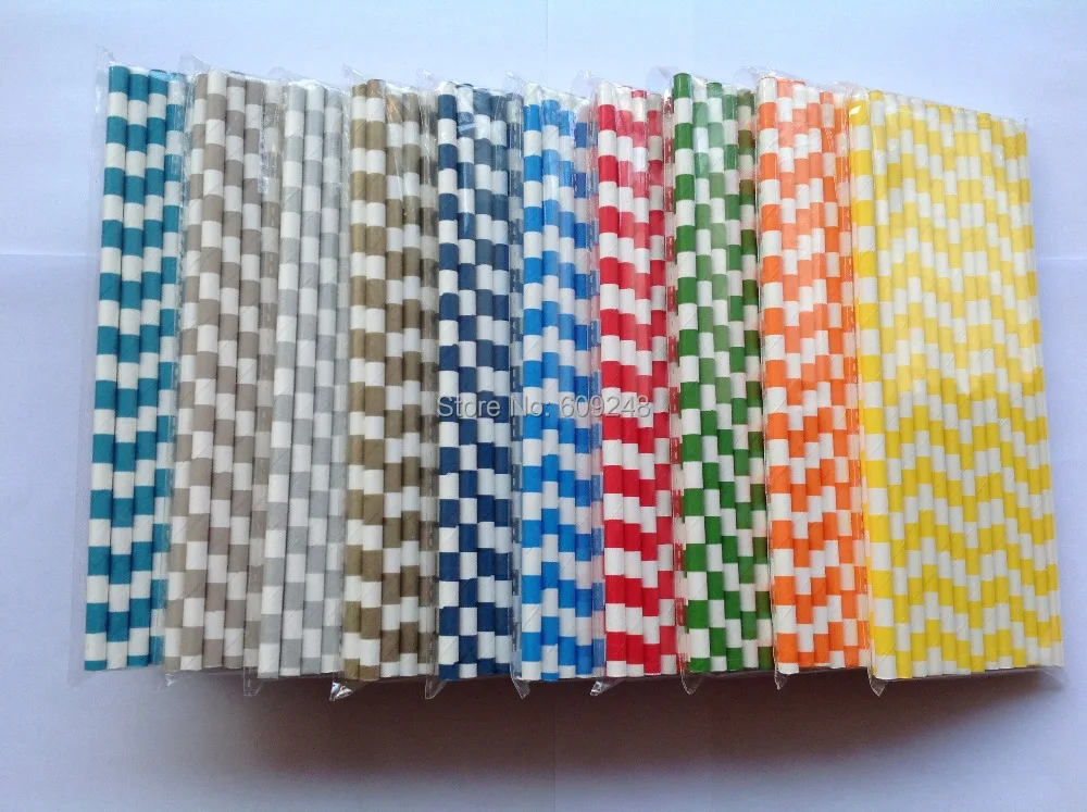 100 Pcs Mixed Colors Aqua Black Blue Pink Red Green Yellow Orange Brown Gold Silver Purple Lilac Navy Sailor Stripe Paper Straws