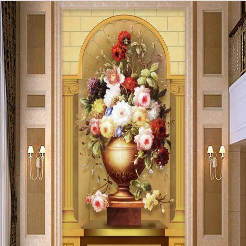 wellyu  Custom large - scale murals European 3d flower vase Roman column soft package entrance wall wallpaper papel de parede