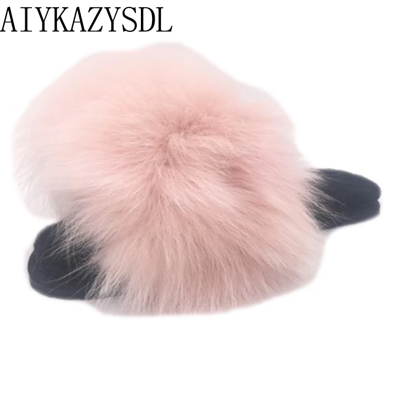 

AIYKAZYSDL Luxury Natural Real Genuine Fox Fur Slippers Flat Shoes Autumn Winter Warm Fluffy Comfy Furry Sandals Slides Mules