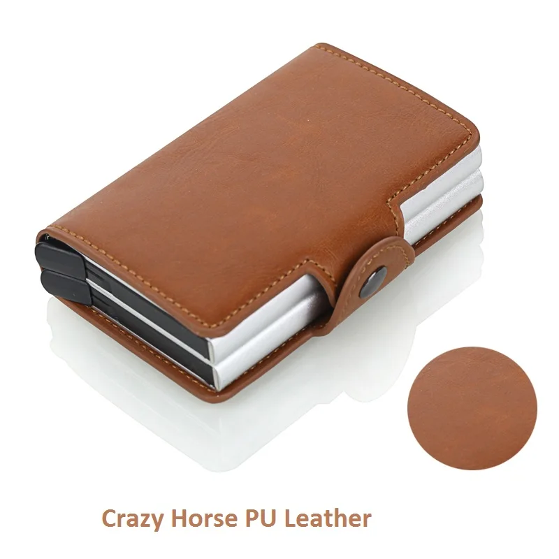 2022 Men And Women Business Credit Card Holder Metal RFID Double Aluminium Box Crazy Horse Leather Travel Card Wallet