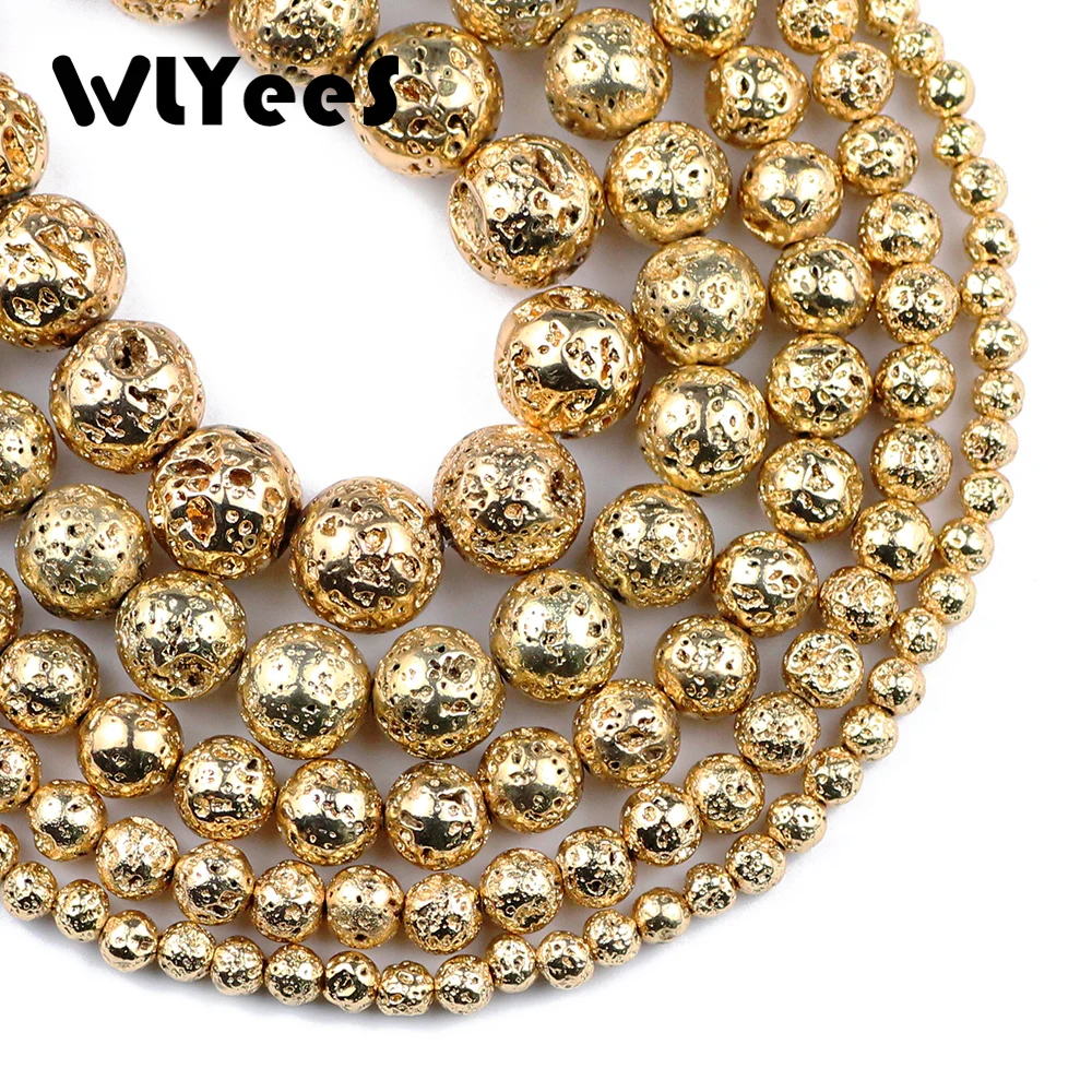 WLYeeS Natural Stone Beads 14 Gold Color Lava Stone Loose Beads 4 6 8 10 12mm Round Ball for Jewelry Accessories Making Bracelet