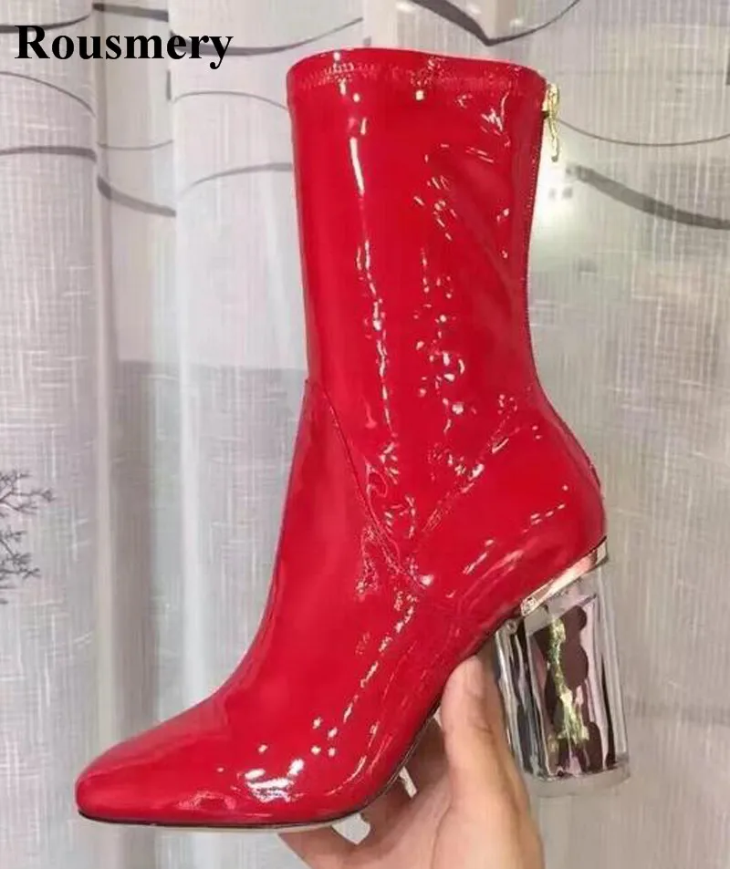 

2017 New Style Women Fashion Bling Patent Leather Thick Crystal Heel Boots Black Red Mid-calf High Heel Boots