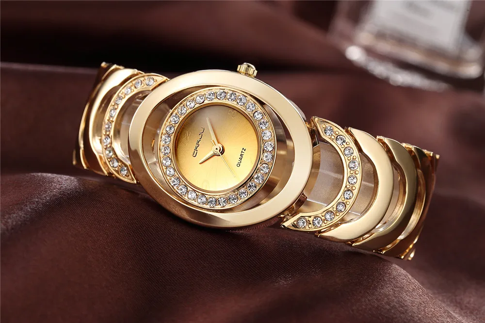 CRRJU Brand Luxury Crystal Gold Watches Women Ladies Quartz Wristwatches Bracelet Steel Watch Relogio Feminino Relojes Mujer