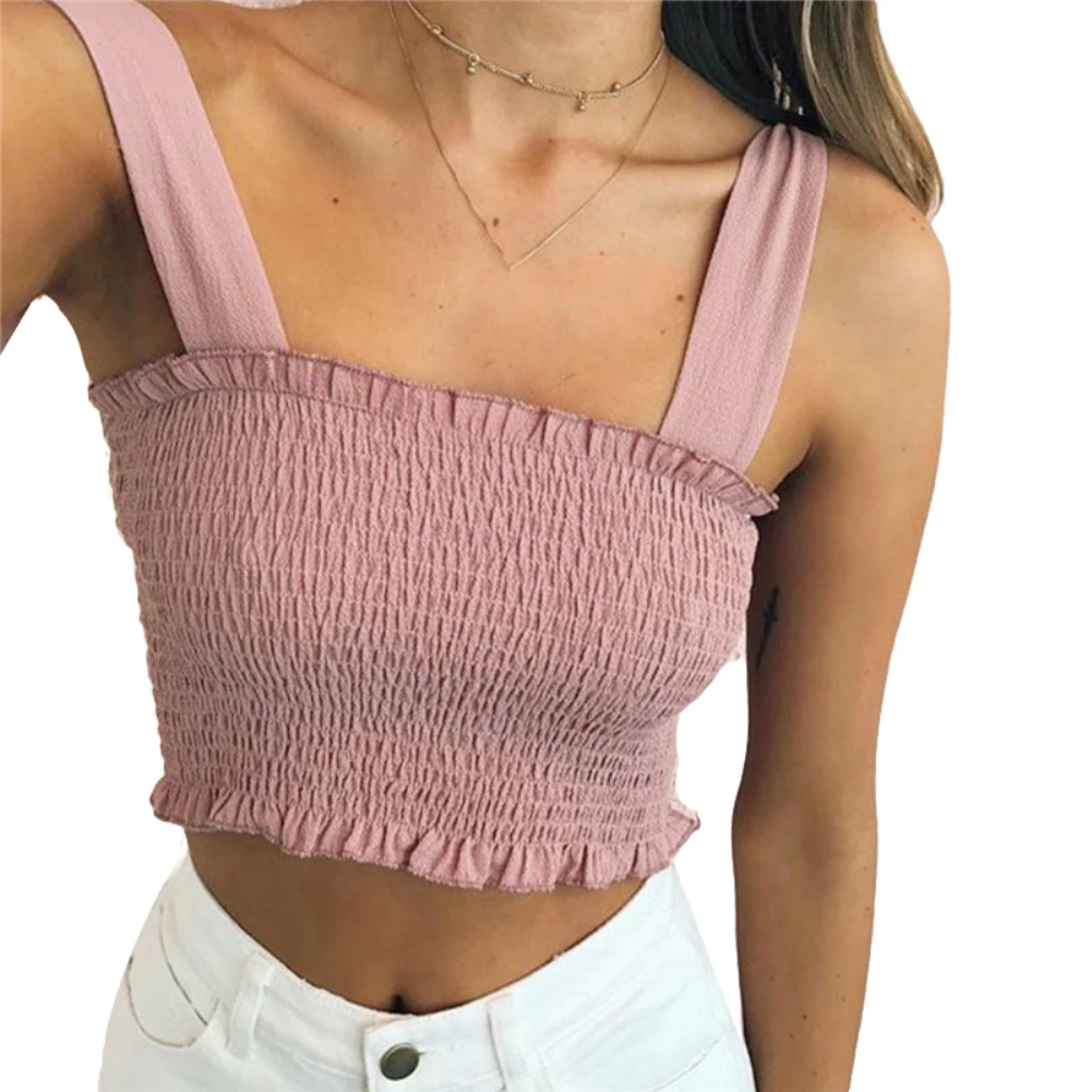 Summer Crop Top Women Sexy Sleeveless Slim Ruffled Bandage Vest Solid Color Tank Top Women Clothing 2023 топ женский