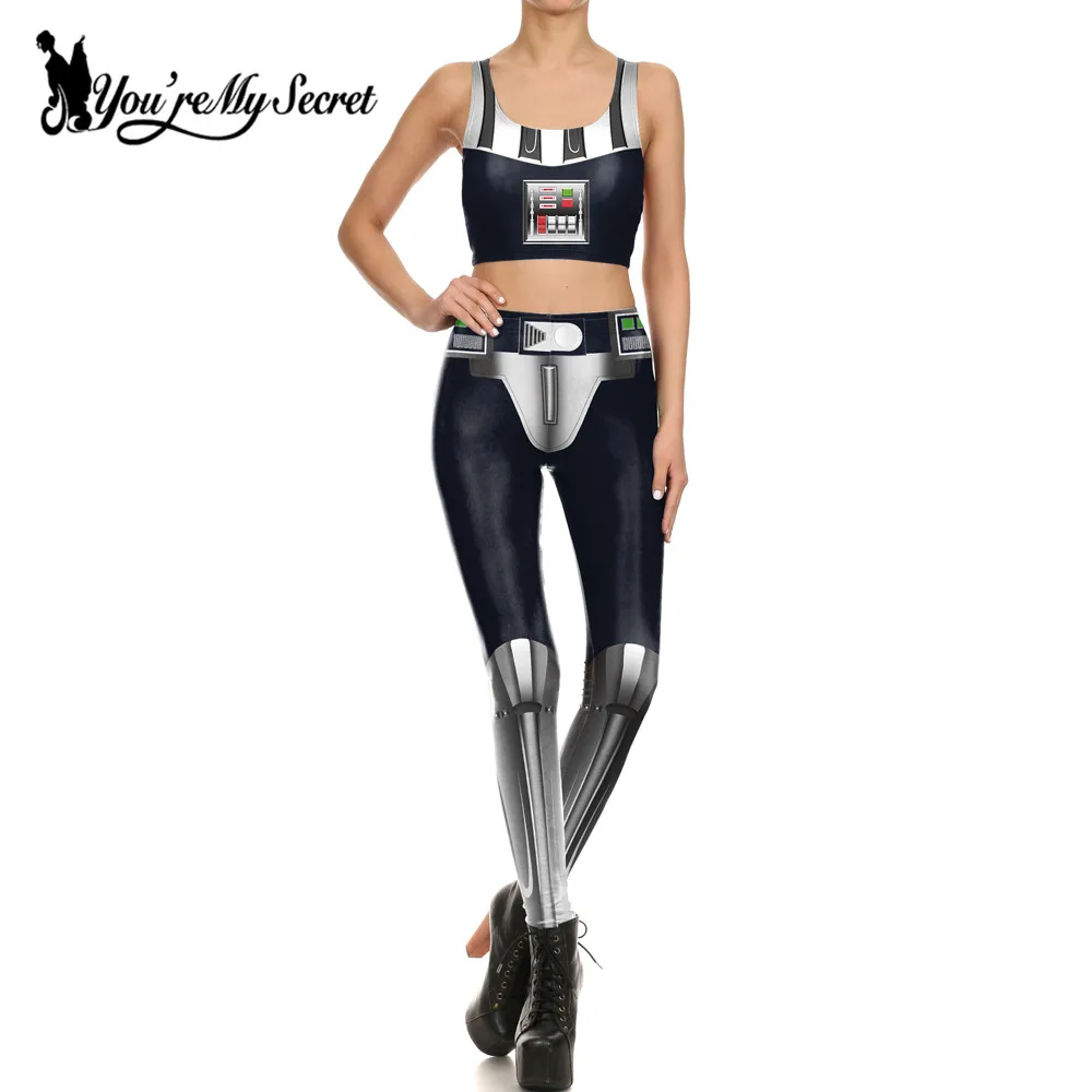 [You\'re My Secret] Fashion Cosplay Two Pieces Sets Star Print Comic Robot Leggings Women Fitness Crop Top Slim Workout Outfits