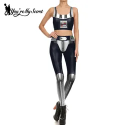 [You're My Secret] Fashion Cosplay Two Pieces Sets Star Print Comic Robot Leggings Women Fitness Crop Top Slim Workout Outfits