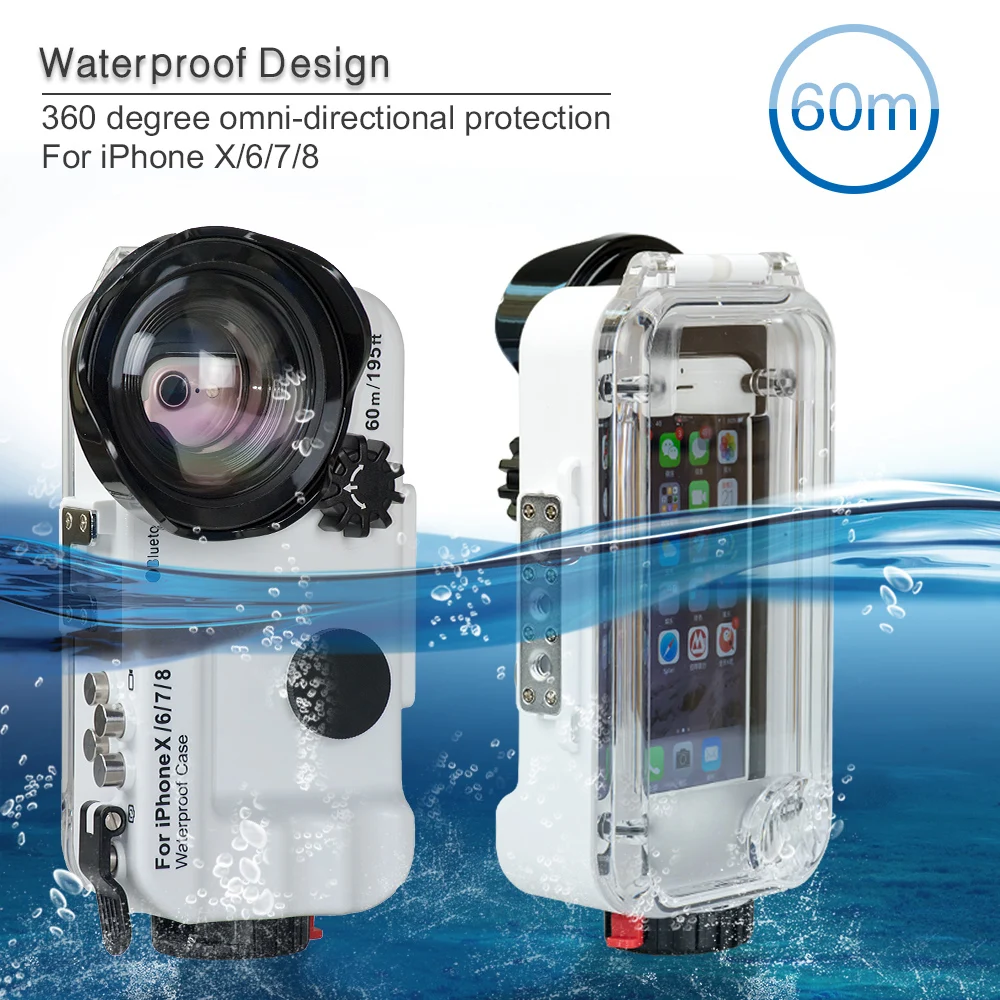 

60m/195ft 4.7'' Bluetooth Waterproof Housing Diving Phone Case Cover Bag For iPhone X/6/7/8 Underwater Phone case