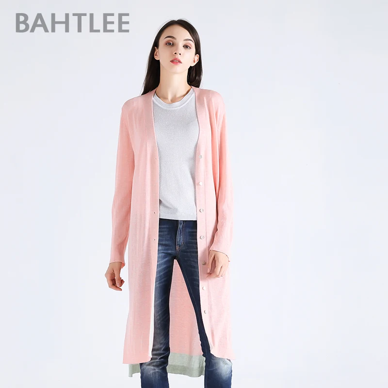 BAHTLEE-Women's Lyocell Knitted Long Cardigan, Sweater, Anti-Ultraviolet, V-Neck, Long Sleeves, Wool, Thinlight Button, Spring