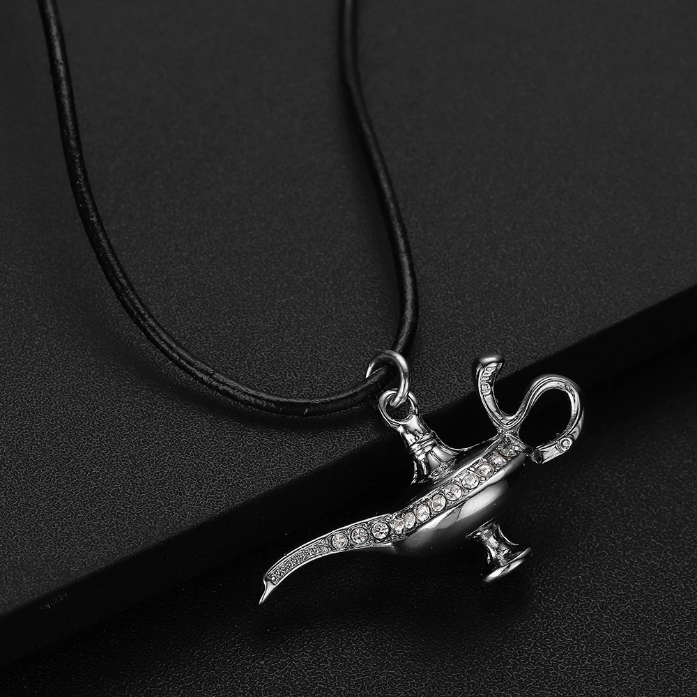 Aladdin Magic Lamp Crystal Necklace Trendy Jewelry Kids Cartoon Goid Pendant Vintage Leather Long Necklaces Women Gift