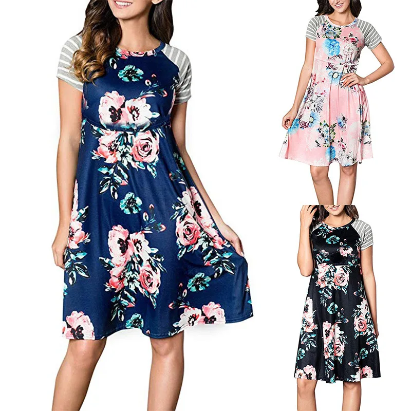 Women Lady Maternity Dress Short Sleeve Round Collar A-line Printing Breastfeeding Nursing Maternity Dress