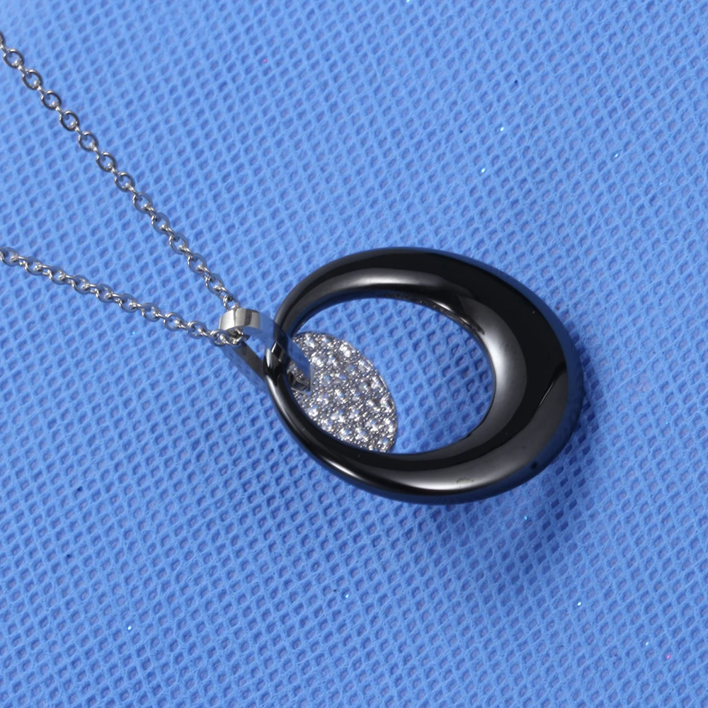 Fashion Double Layers Circle Ceramic Pendant Necklace Crsytal Pendant For Women Rhinestone Black /White Women Ceramic Necklace