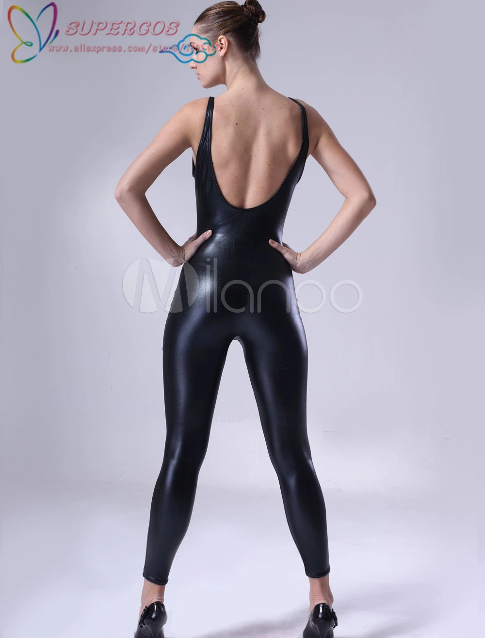 High Quality Halloween Carnival Party Black Shiny Metallic Unitard Zentai Suit