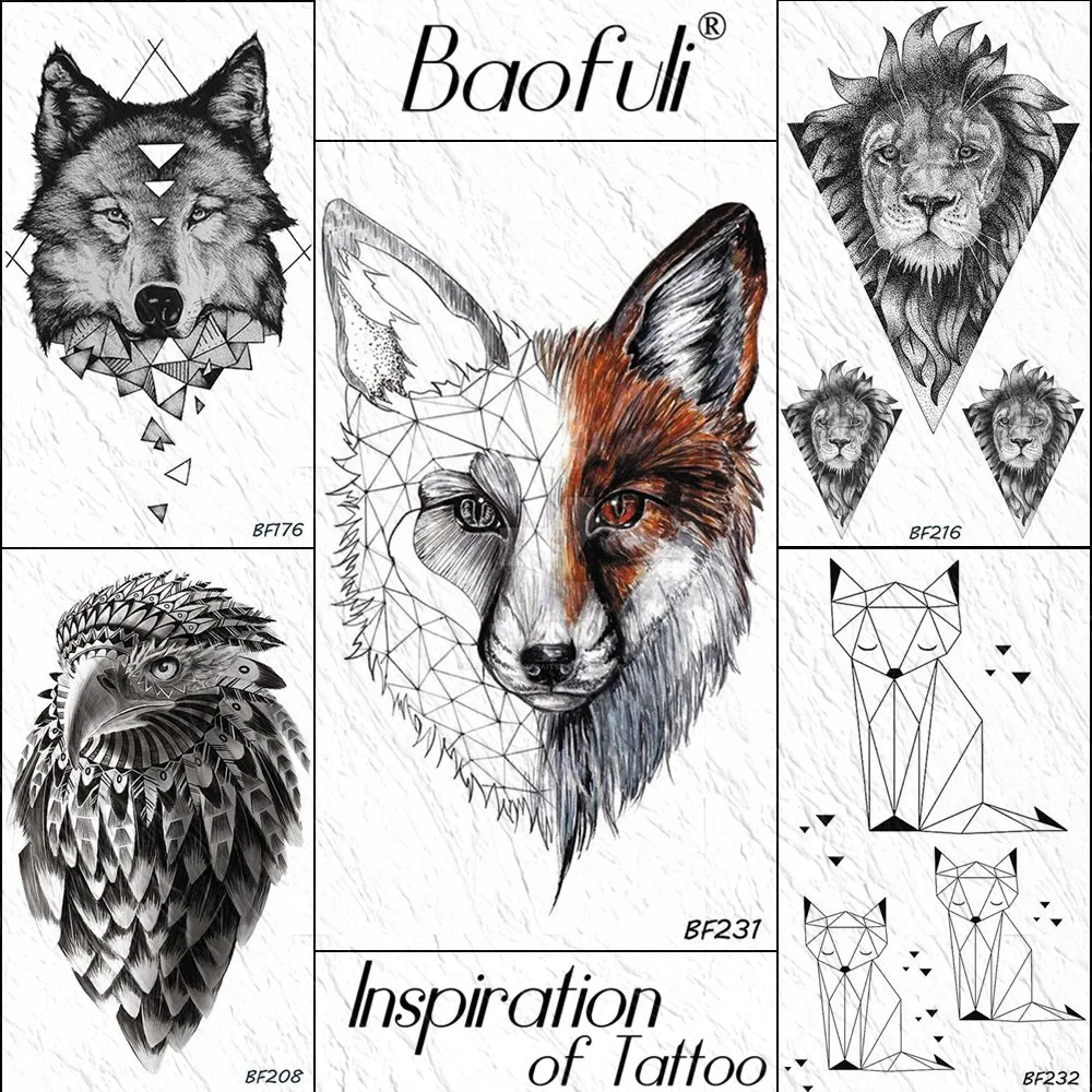 BAOFULI India Geometric Fox Wolf Temporary Tattoo Sticker Fragment Tribal Body Art Arm Fake Tatoo Men Draw Waterproof Tattoos