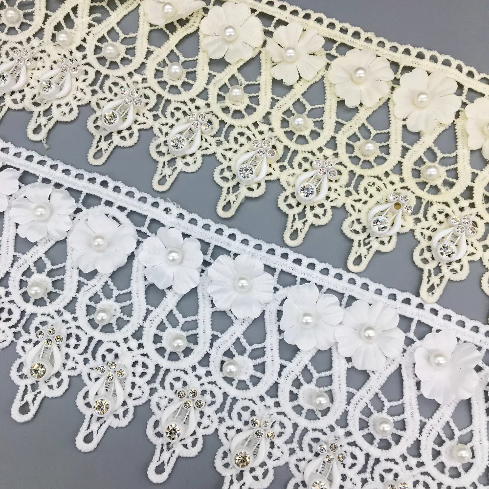 2 Yards 3D Diamond Teardrop Flowers Apricot Lace Trim Pearl Beaded Wedding Dress Ribbon Fabric Embroidered Applique DIY Sewing