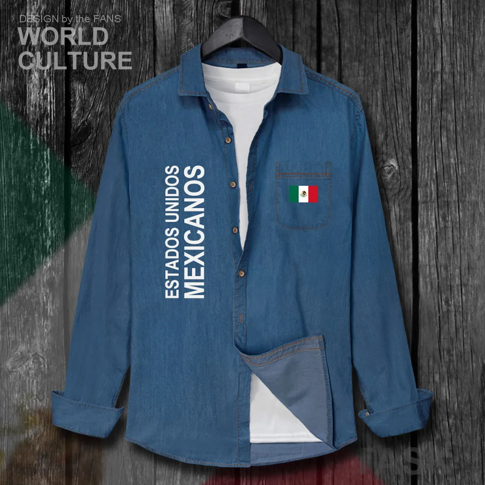 United Mexican States Mexico MX MEX Men clothes Autumn Cotton Turn-down Collar Jeans Shirt Long Sleeve fashion Cowboy flags Coat