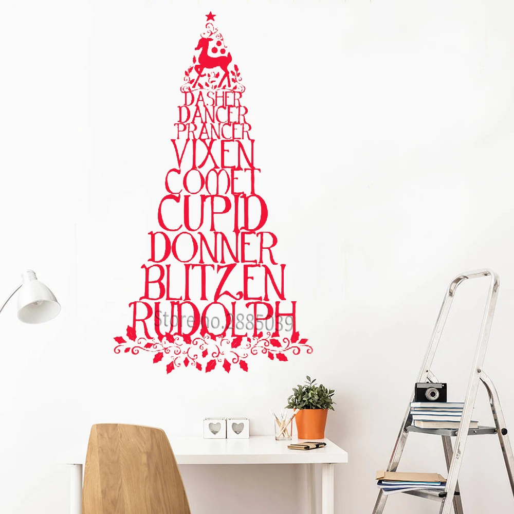 Reindeer Christmas tree Wall Decal With Holly Leaves and Rudolph New Design Xmas Wall Decor Rooms Wall Stickers Christmas LC911