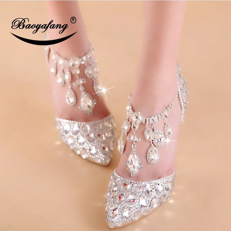 BaoYaFang New arrival Crystal wedding shoes women Red/Silver/shining crystal Thin heels womens party dress shoes Summer sandals