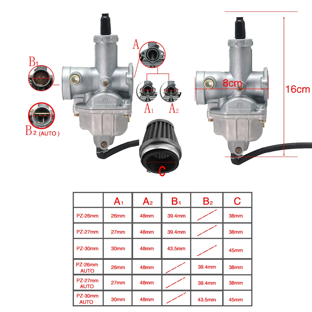 ZSDTRP PZ26/PZ27/PZ30 Carburetor 38mm/45mm Air filter For Keihin 125-250cc Engine Dirt bike Pit Bike 26mm 27mm 30mm Carb