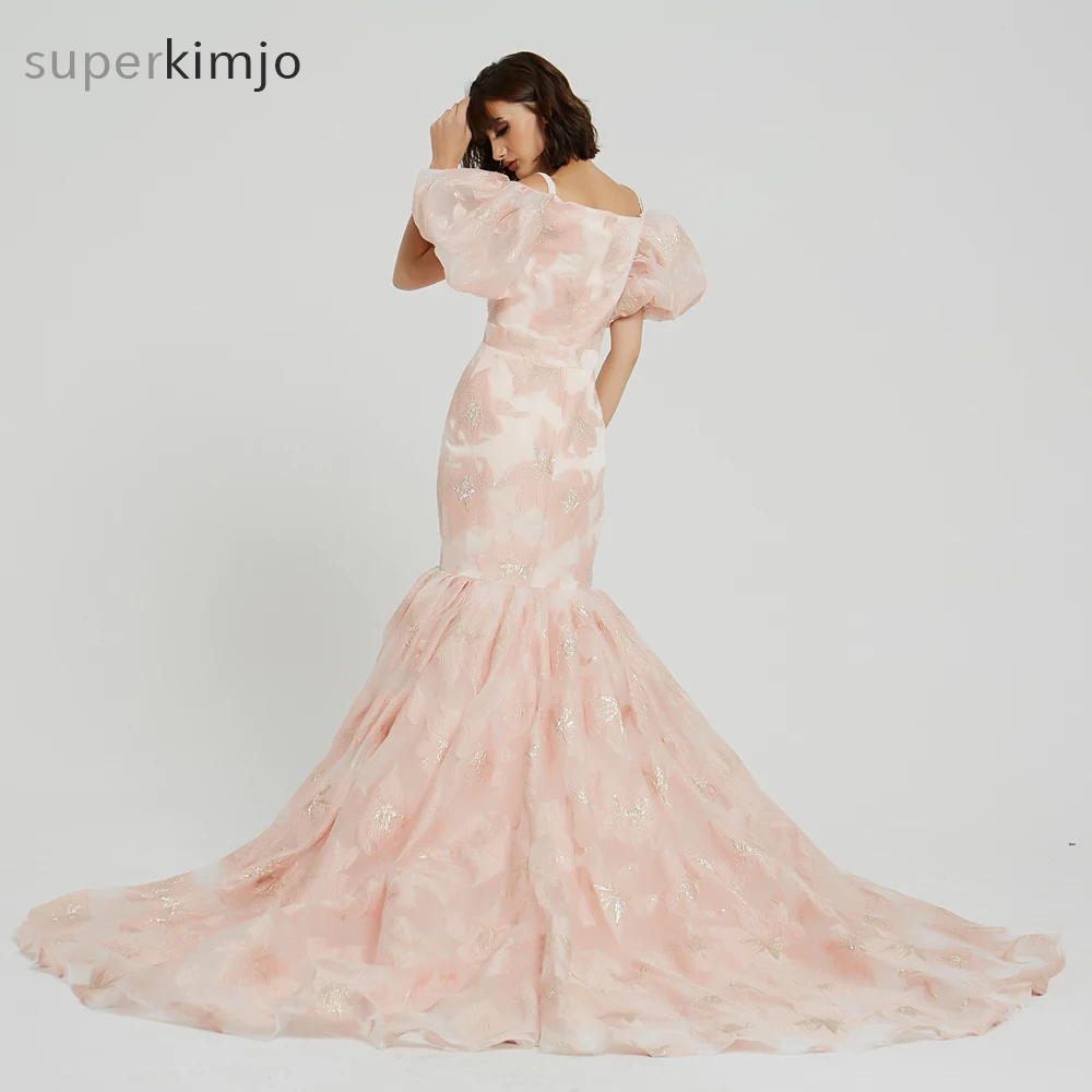 Kimjobridal Prom Dresses Pink Short Sleeve Sweetheart Neckline Lace Mermaid Court Train Evening Dresses Gowns Real Picture