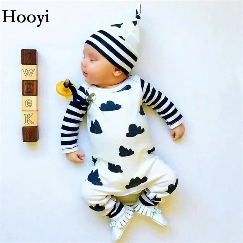 

Hooyi/Одежда для новорожденных с рукавами в черно-белую полоску; комбинезон для мальчиков; детский джемпер; комбинезон для маленьких девочек + шапка; комплект с шапками