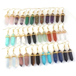 Crystal Stone Earring For Women Natural Hexagon Amethyst Rose Quartz Lapiz Lazuli Malachite Fluorite Dangle Earrings Jewelry