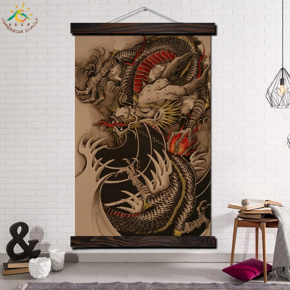 

Modern Wall Art Picture Print And Poster Frame Hanging Scroll Canvas Painting Canvas Poster Flames Chinese Dragon Tattoo