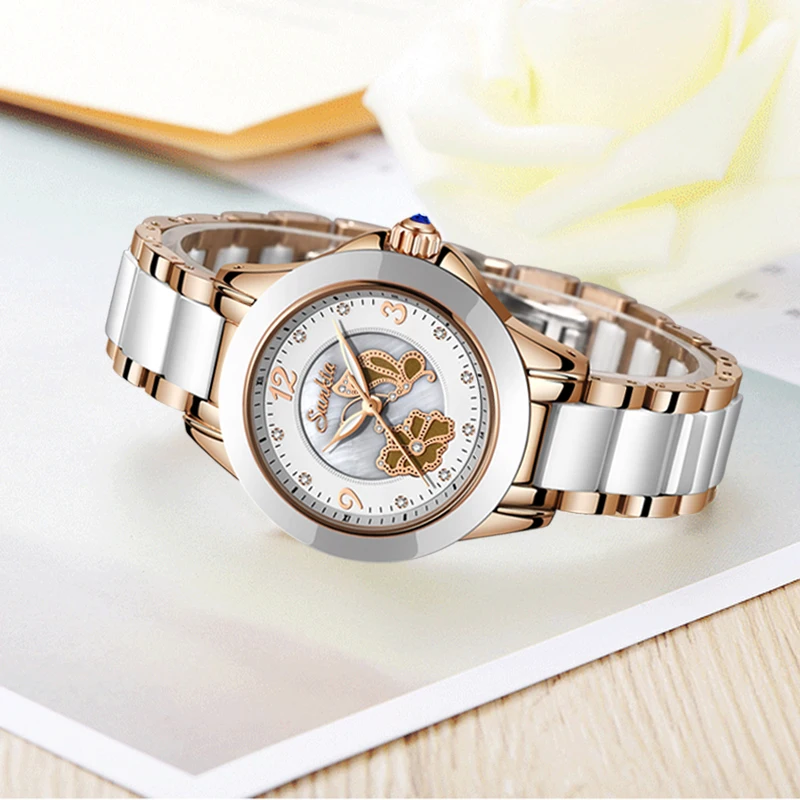 SUNKTA Ceramics Watch Women Quartz Watches Ladies Top Brand Luxury Female Wrist Watch Girl Clock Wife gift Zegarek Damski+Box