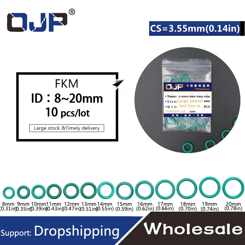 10PC/Lot Green FKM Rubber O-rings Seal CS3.55mm ID8/9/10/11/12/13/14/15/16/17/18/19/20mm O Ring Seal Gasket Rings Sealing Washer