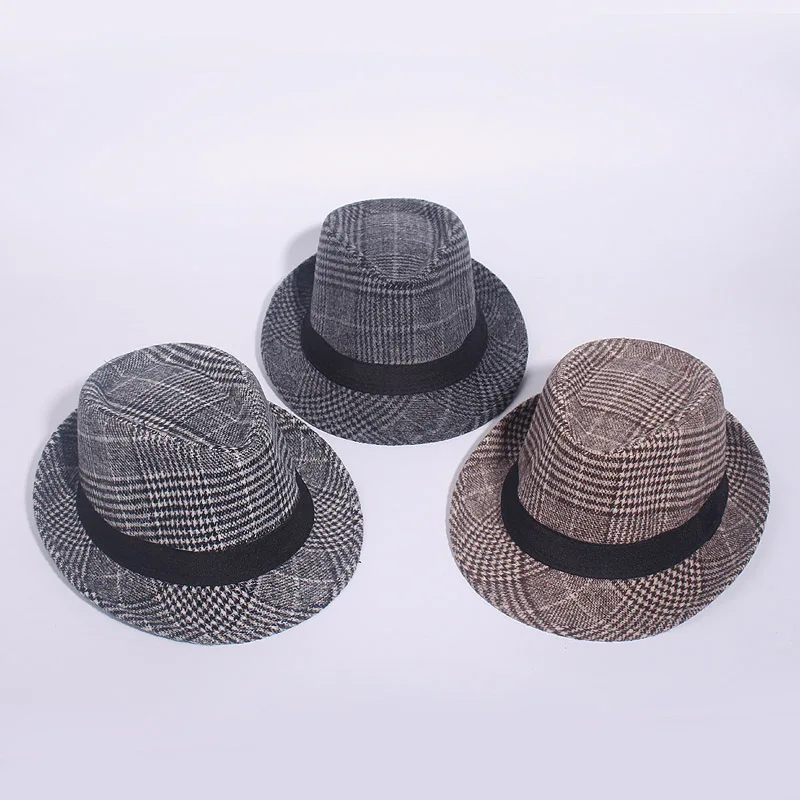 Brand Retro Fedora Hat Faux Woolen Felt Mens Winter Jazz Cap Outdoor Gentleman Top Plaid Pattern Hats Derby Chapeau Fedoras