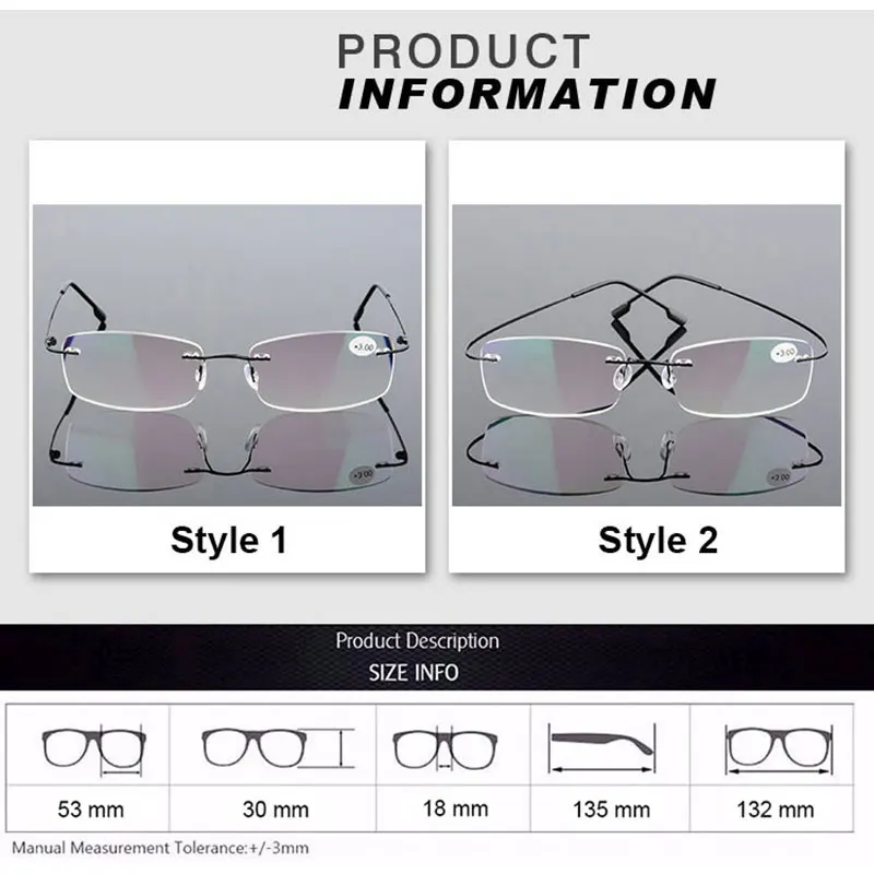 Rimless Reading Eyeglasses for Men and Women Optical Prescription Glasses Frame Reading Spectacles Rimless Frame with 2 Styles