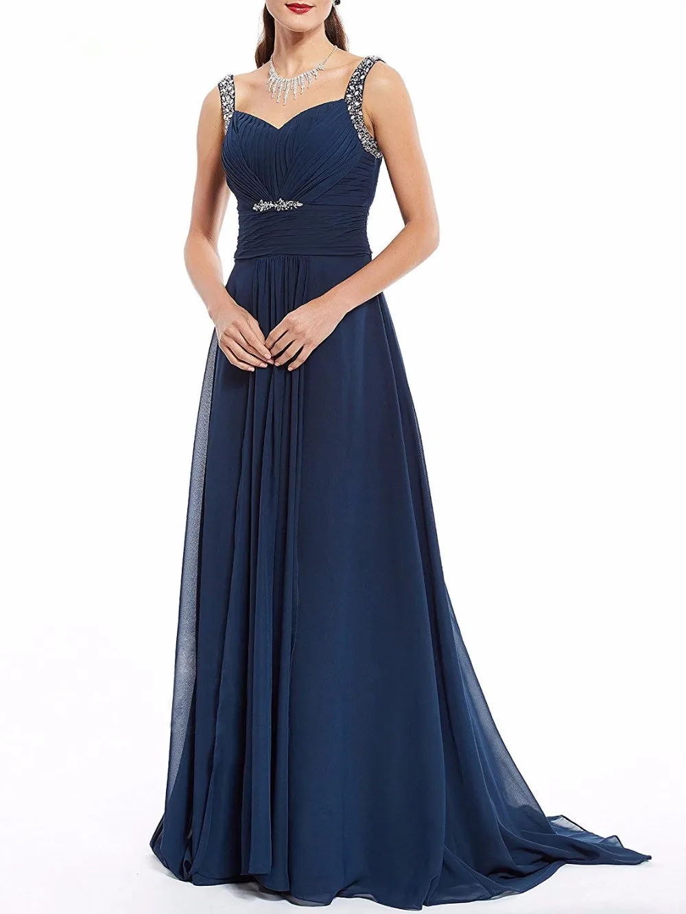 JaneVini Elegant A Line ชุดเจ้าสาว V คอ Backless ชีฟอง Navy Blue Vestidos Cerimonia Longos